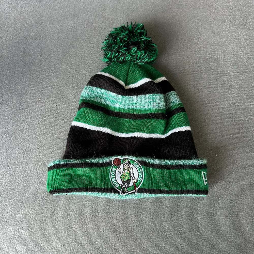 New Era Boston Celtics Pom Beanie Hat Black Green White Striped